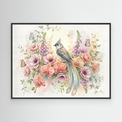 At dawn, the blue bird chose the orchids
