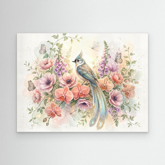 At dawn, the blue bird chose the orchids
