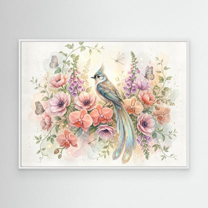 At dawn, the blue bird chose the orchids